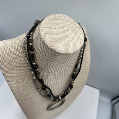Vintage Black Gray Multi Strand Glass Beaded Necklace Silver Tone Circle Pendant - Thumbnail 6