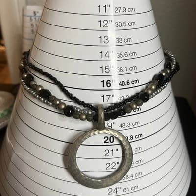 Vintage Black Gray Multi Strand Glass Beaded Necklace Silver Tone Circle Pendant - Thumbnail 8