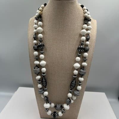 Vintage Black White Double Strand Striped Acrylic Beaded Necklace – Tribal Boho - Image 1