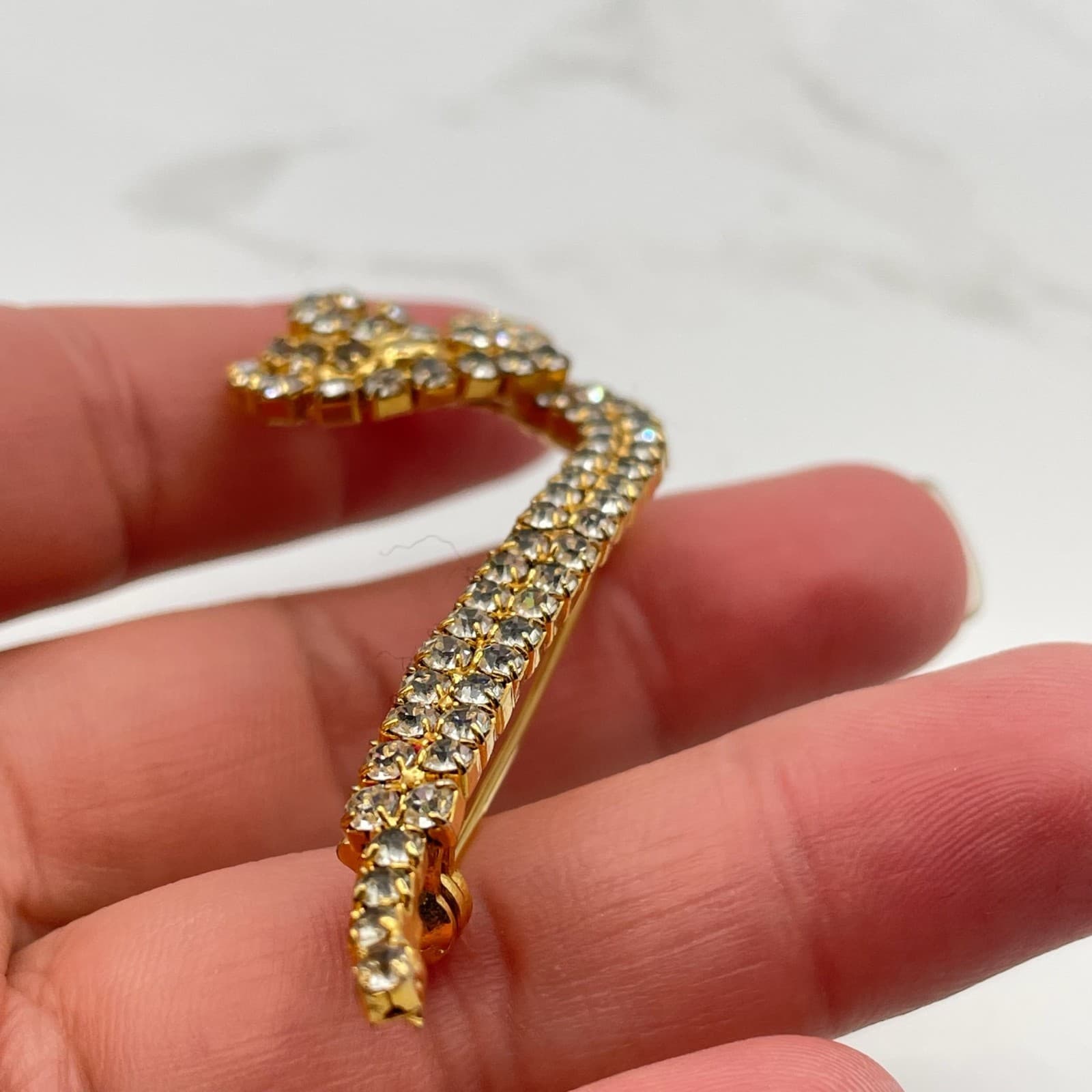 Vintage Gold Tone Brooch Clear Rhinestone Pave Abstract Scroll Snake Design Pin - Thumbnail 5