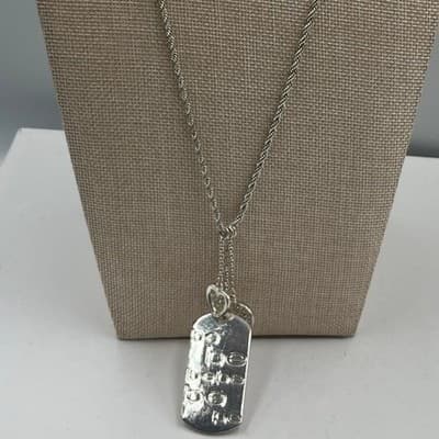 Vintage Silver Tone "Be Be Be" Dog Tag Necklace Heart Charms Rhinestone Accent - Thumbnail 2