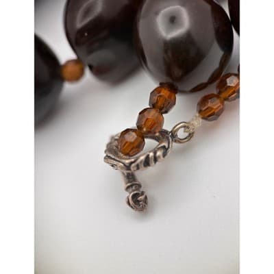 Vintage Chunky Brown Resin Bead Necklace Amber Spacer Beads Toggle Clasp - Thumbnail 10