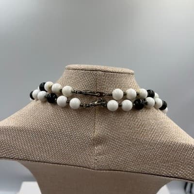 Vintage Black White Double Strand Striped Acrylic Beaded Necklace – Tribal Boho - Thumbnail 7