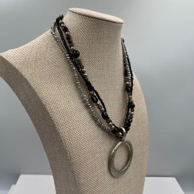 Vintage Black Gray Multi Strand Glass Beaded Necklace Silver Tone Circle Pendant - Thumbnail 5