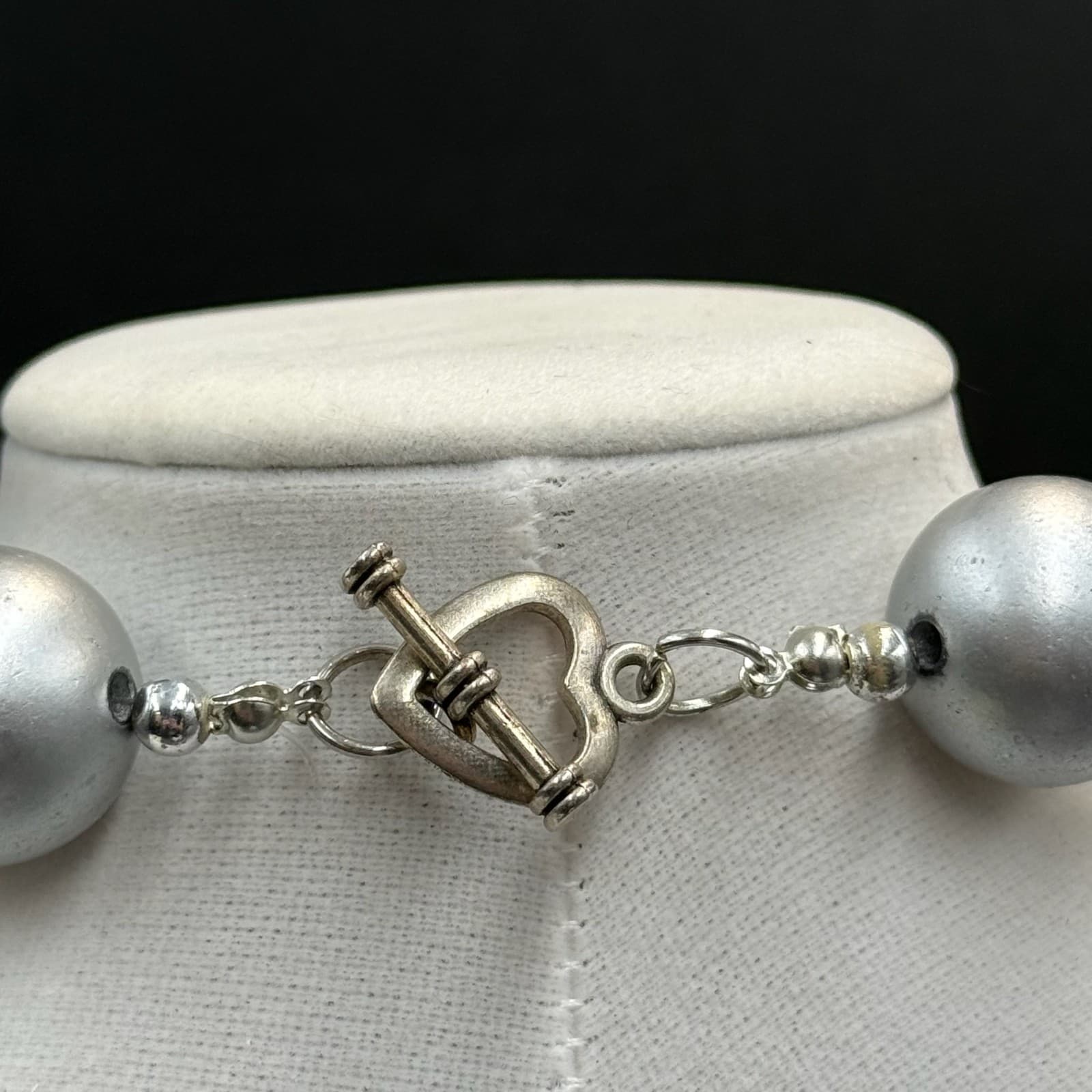 Vintage Chunky Bead Choker Silver Gray Matte Pave Ball Necklace Heart Clasp 16" - Thumbnail 3