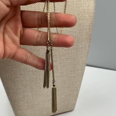 Vintage Gold Tone Tassel Y Drop Lariat Pendant Necklace Chain Fringe Dangle - Thumbnail 6
