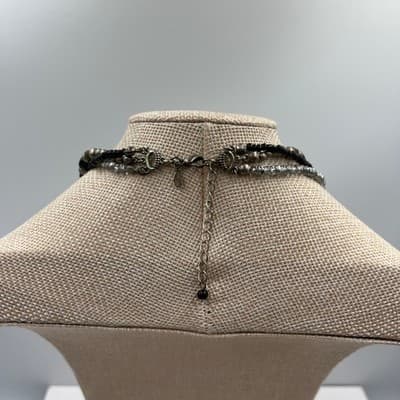 Vintage Black Gray Multi Strand Glass Beaded Necklace Silver Tone Circle Pendant - Thumbnail 7