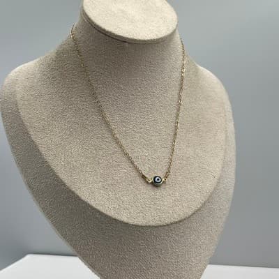 Vintage Gold Tone Evil Eye Pendant Necklace Blue White Minimalist Dainty Chain - Thumbnail 7