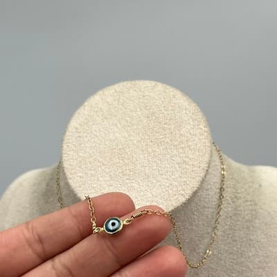 Vintage Gold Tone Evil Eye Pendant Necklace Blue White Minimalist Dainty Chain - Thumbnail 5