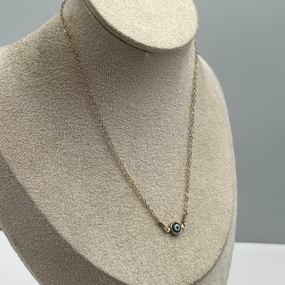 Vintage Gold Tone Evil Eye Pendant Necklace Blue White Minimalist Dainty Chain - Thumbnail 6