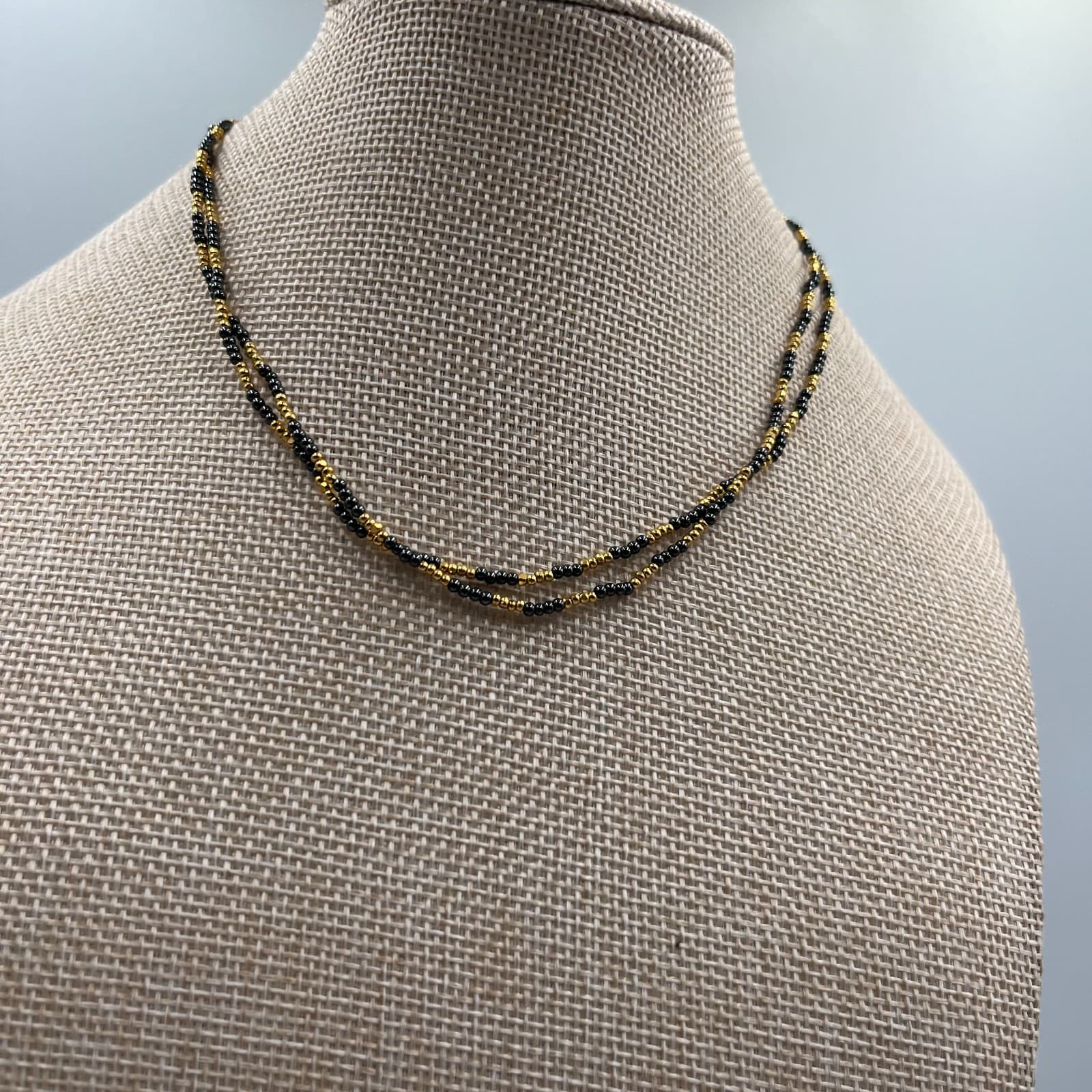 Vintage Black & Gold Seed Bead Necklace Multi Strand Torsade Statement Jewelry - Thumbnail 3