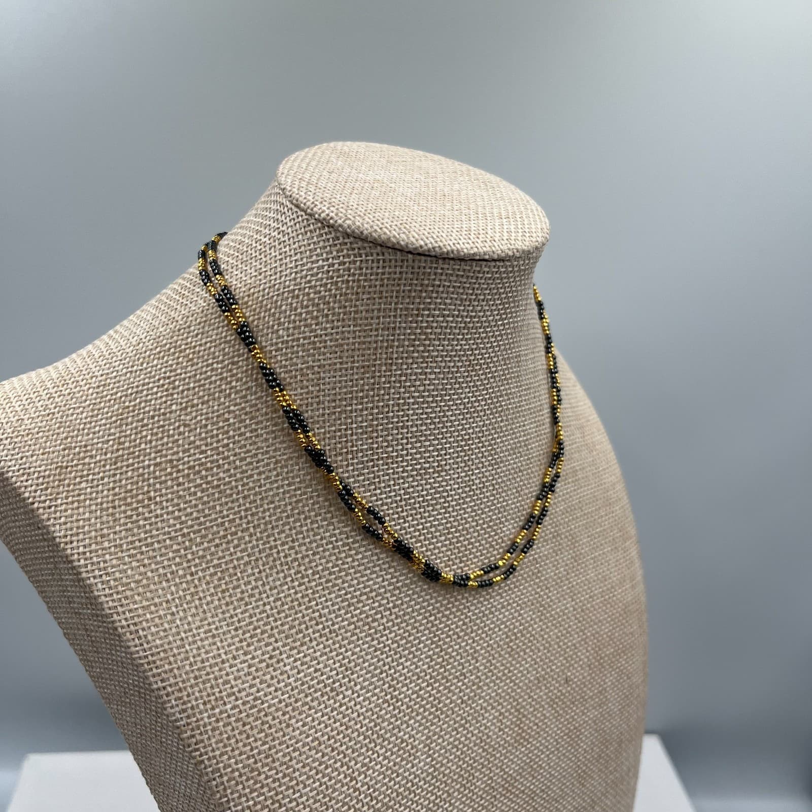Vintage Black & Gold Seed Bead Necklace Multi Strand Torsade Statement Jewelry - Thumbnail 4