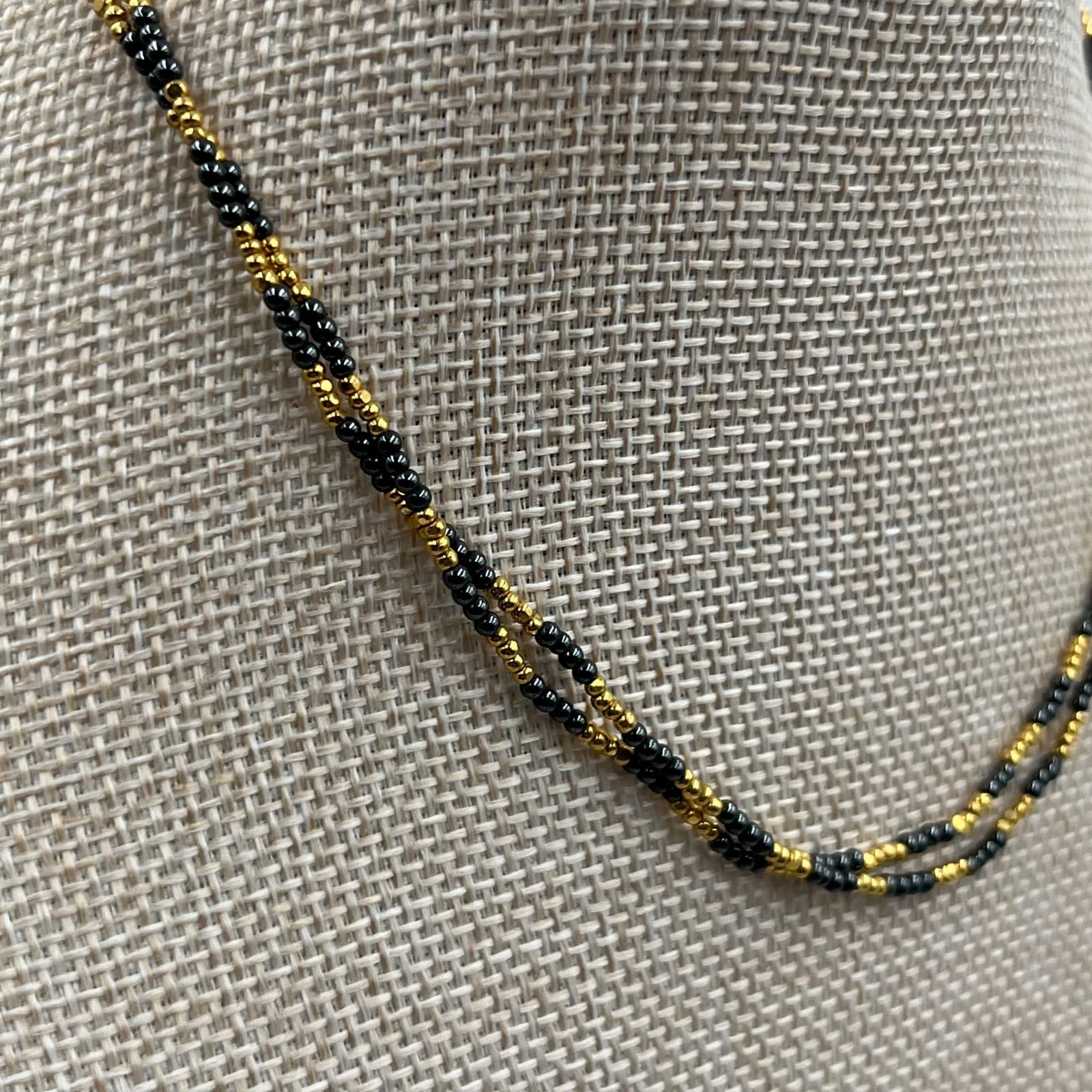 Vintage Black & Gold Seed Bead Necklace Multi Strand Torsade Statement Jewelry - Thumbnail 5