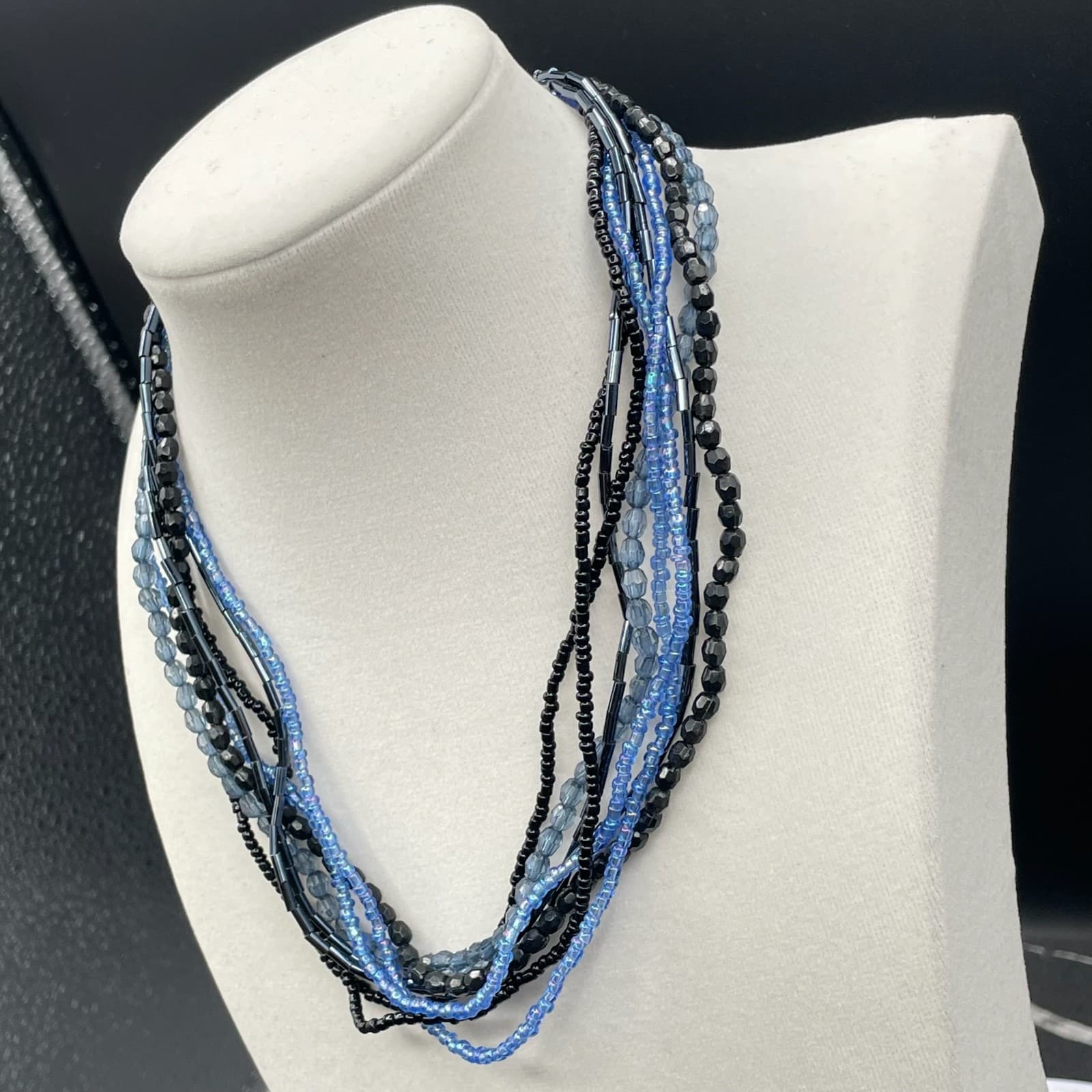 Vintage Womens Blue Black Mixed Glass Beaded Many Standed Layered Necklace - Thumbnail 5