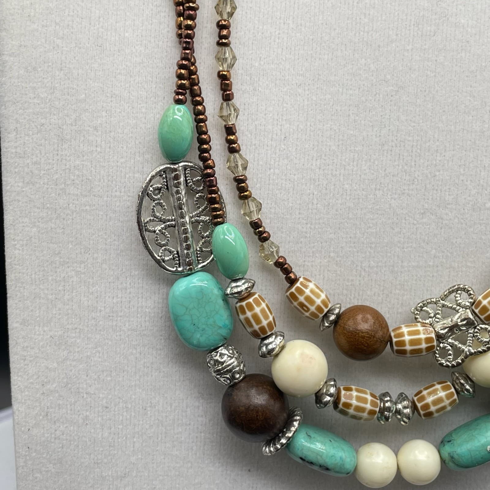 Vintage Bohemian Multicolor Turquoise Multi Layered Wood Beaded Statement - Thumbnail 5