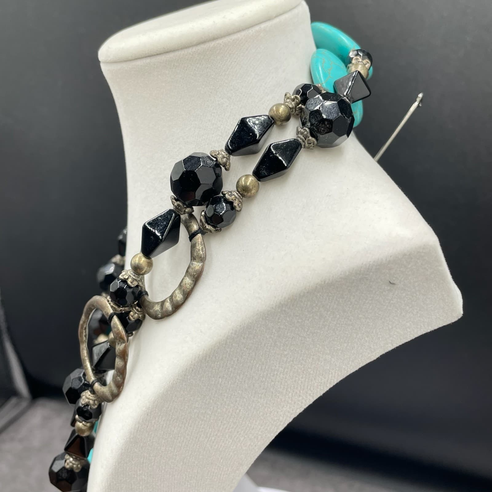 Vintage Two-Strand Turquoise Stone Black Silver-Tone Beaded Necklace - Size 20" - Thumbnail 8