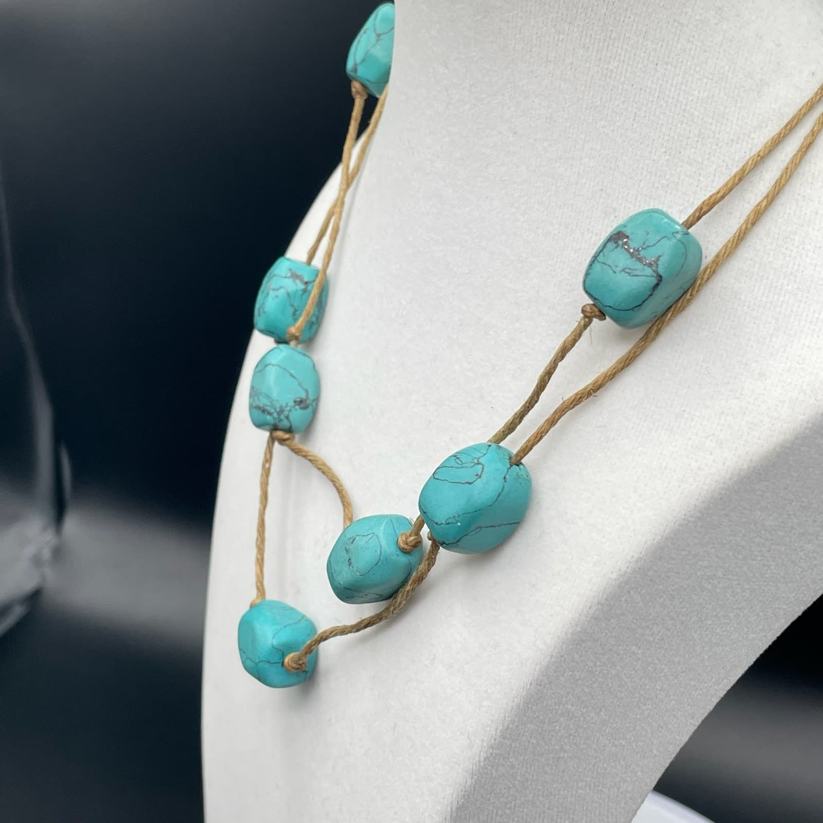 Vintage Express Teal Lobster Cord Reconstituted Turquoise Beaded Chunky Necklace - Thumbnail 9