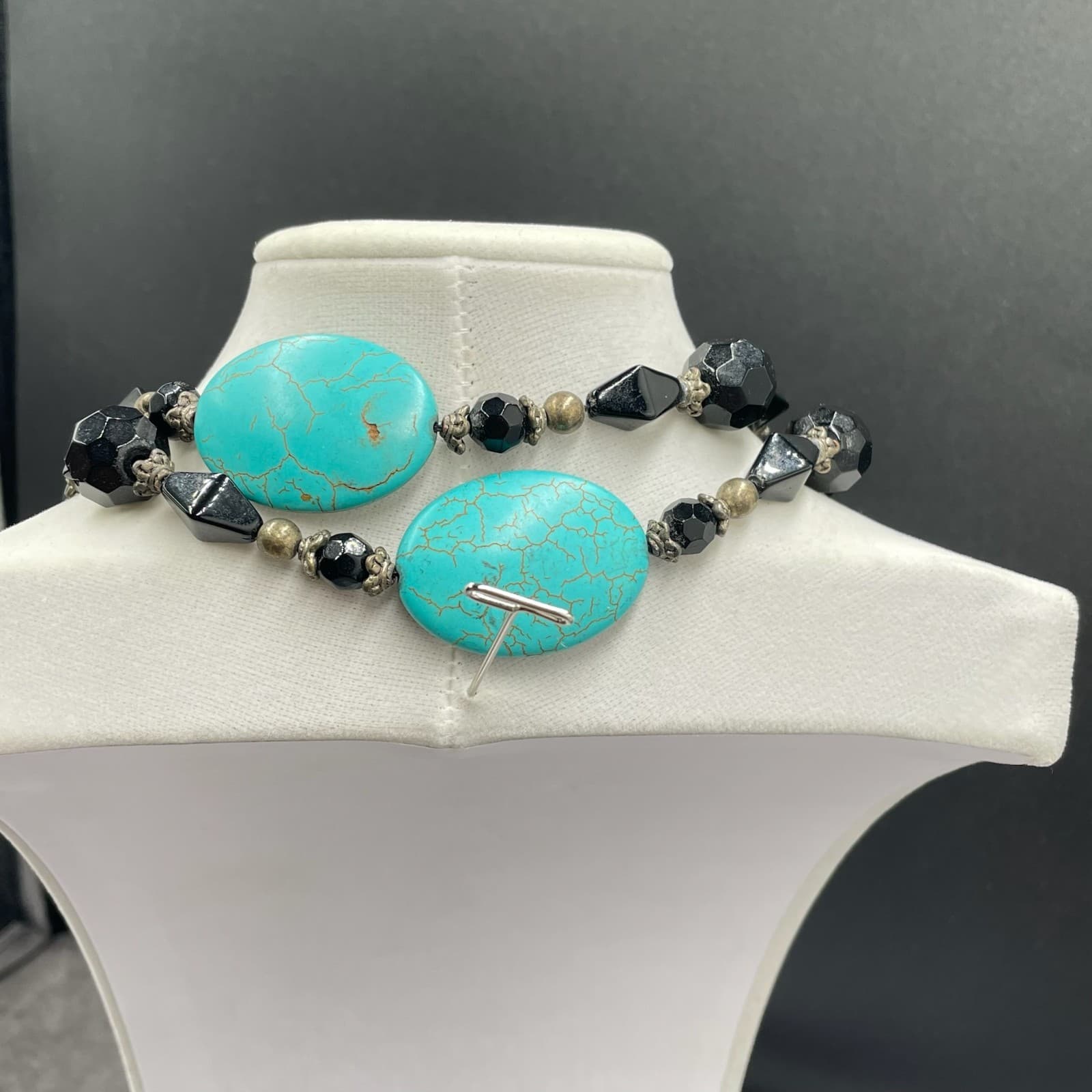 Vintage Two-Strand Turquoise Stone Black Silver-Tone Beaded Necklace - Size 20" - Thumbnail 9
