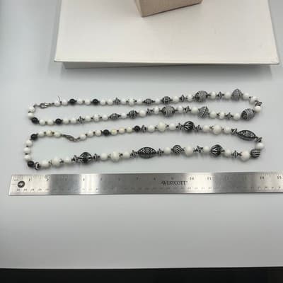 Vintage Black White Double Strand Striped Acrylic Beaded Necklace – Tribal Boho - Thumbnail 8