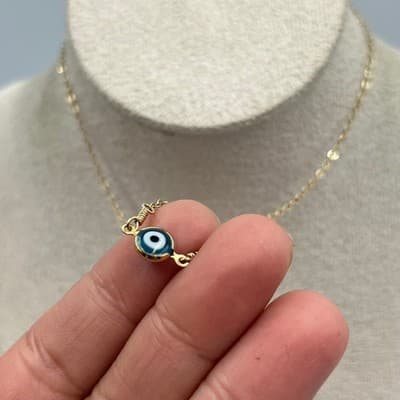 Vintage Gold Tone Evil Eye Pendant Necklace Blue White Minimalist Dainty Chain - Thumbnail 4