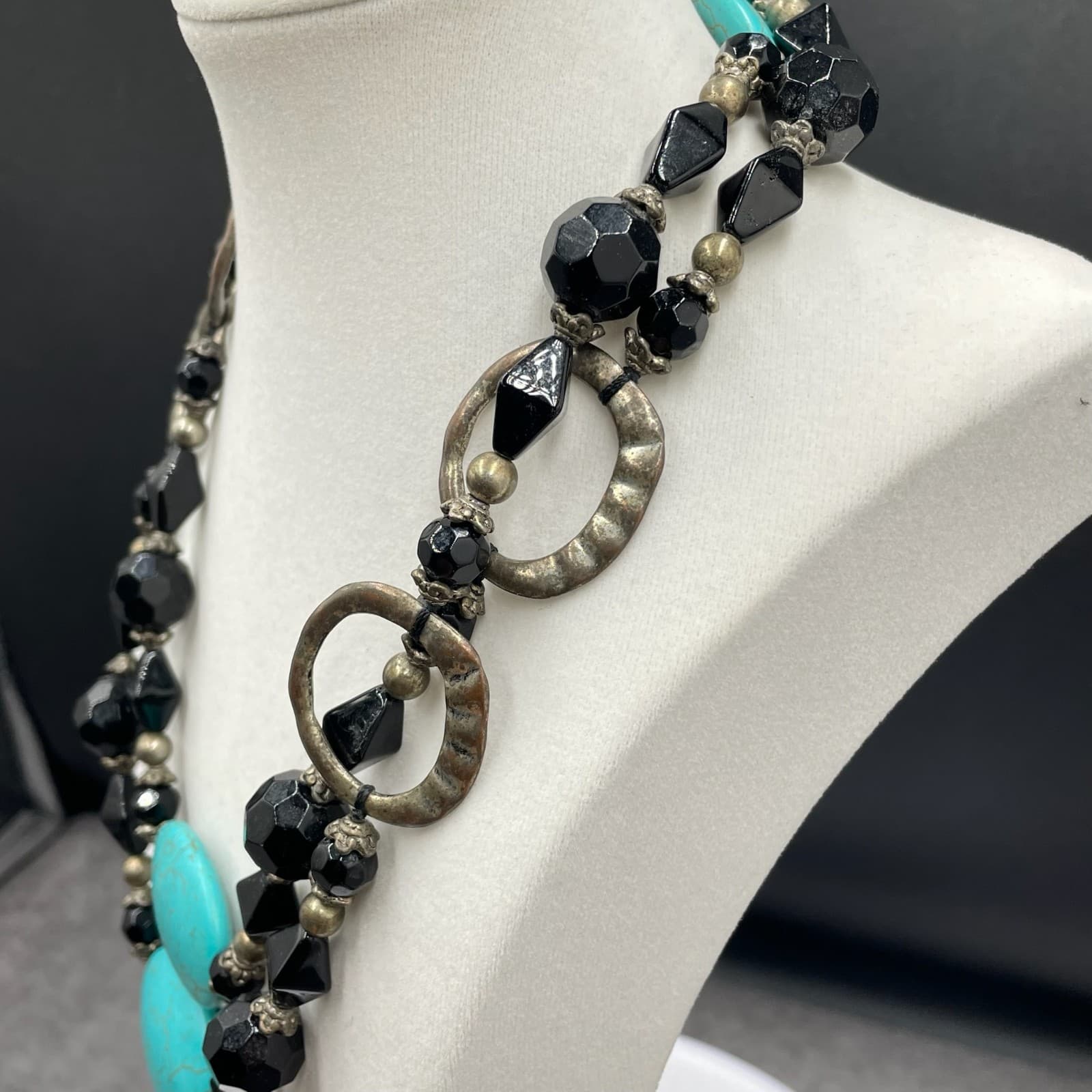 Vintage Two-Strand Turquoise Stone Black Silver-Tone Beaded Necklace - Size 20" - Thumbnail 7