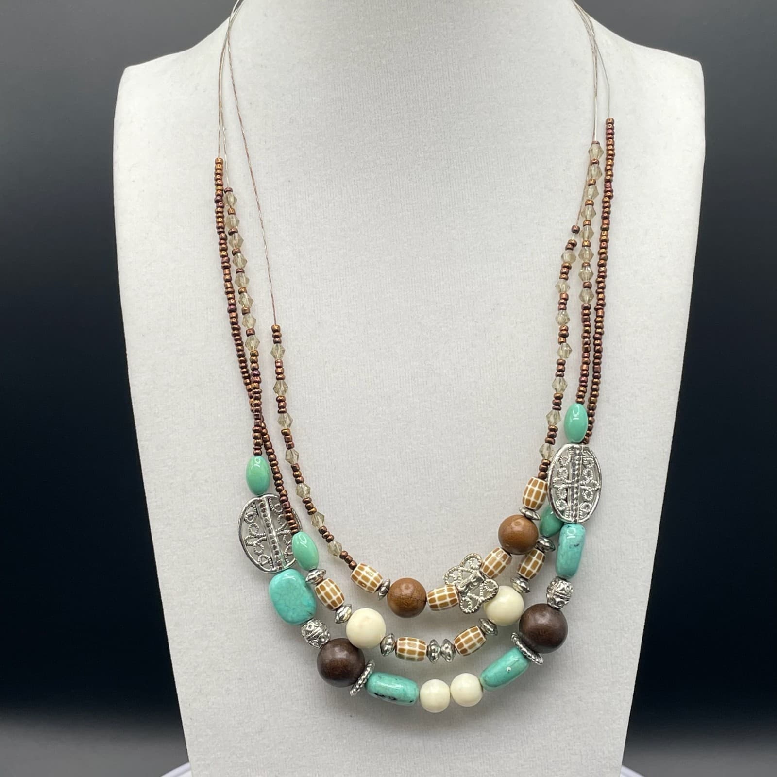 Vintage Bohemian Multicolor Turquoise Multi Layered Wood Beaded Statement - Image 1