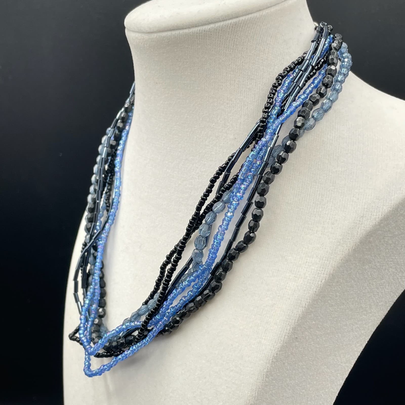 Vintage Womens Blue Black Mixed Glass Beaded Many Standed Layered Necklace - Thumbnail 6