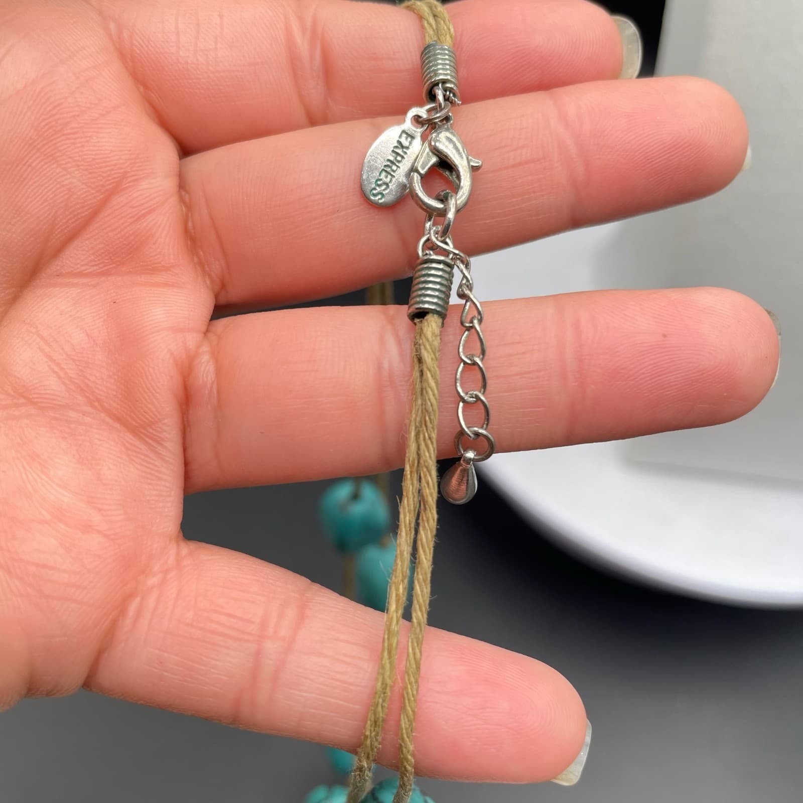 Vintage Express Teal Lobster Cord Reconstituted Turquoise Beaded Chunky Necklace - Thumbnail 4