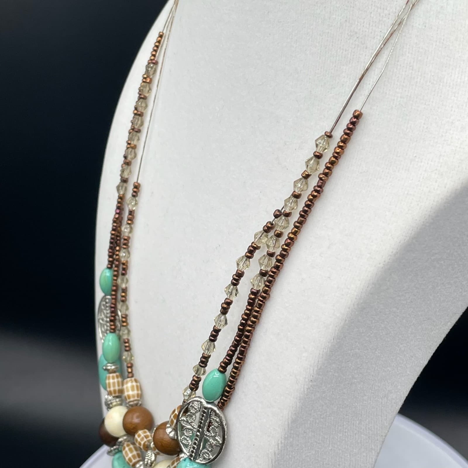 Vintage Bohemian Multicolor Turquoise Multi Layered Wood Beaded Statement - Thumbnail 8