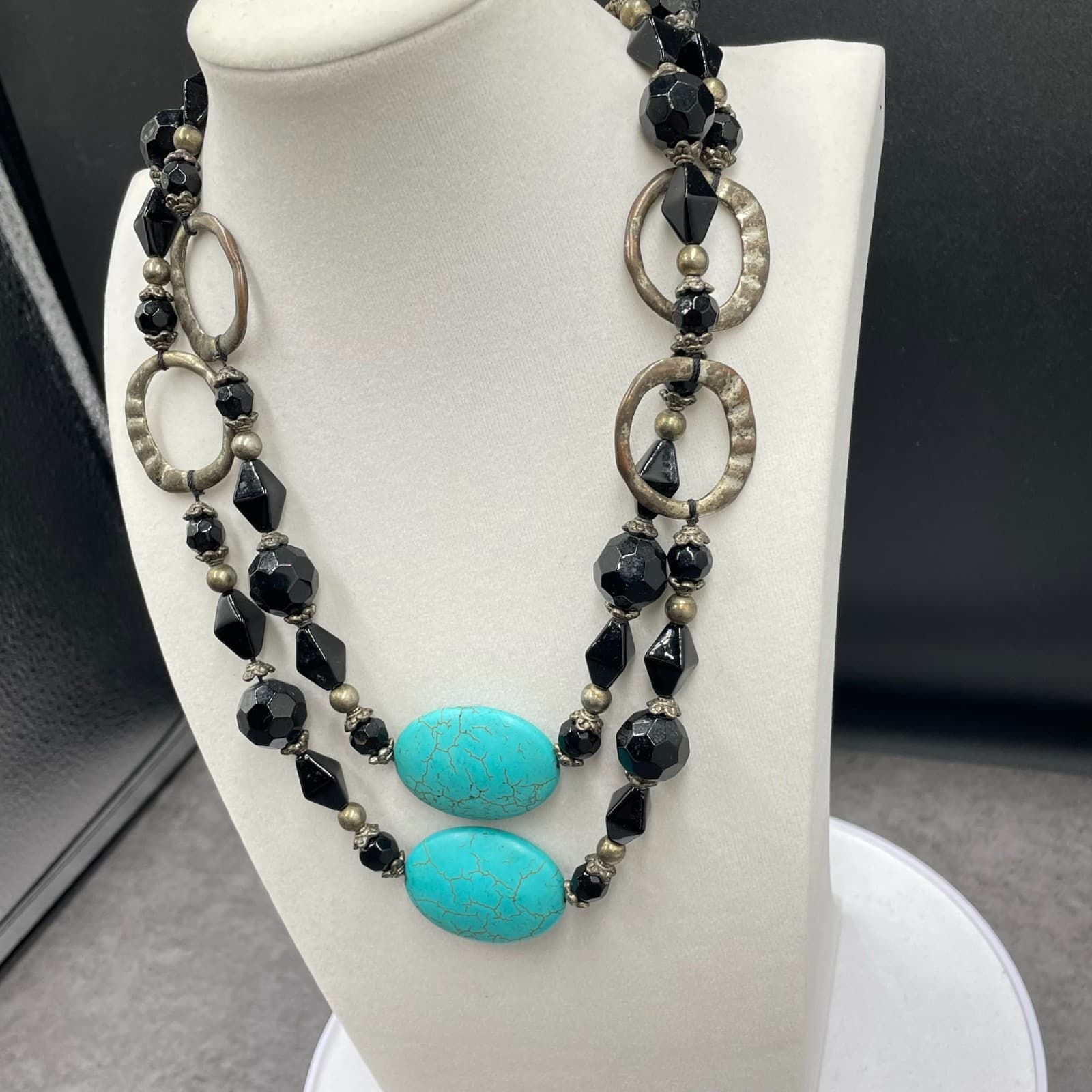 Vintage Two-Strand Turquoise Stone Black Silver-Tone Beaded Necklace - Size 20" - Thumbnail 5
