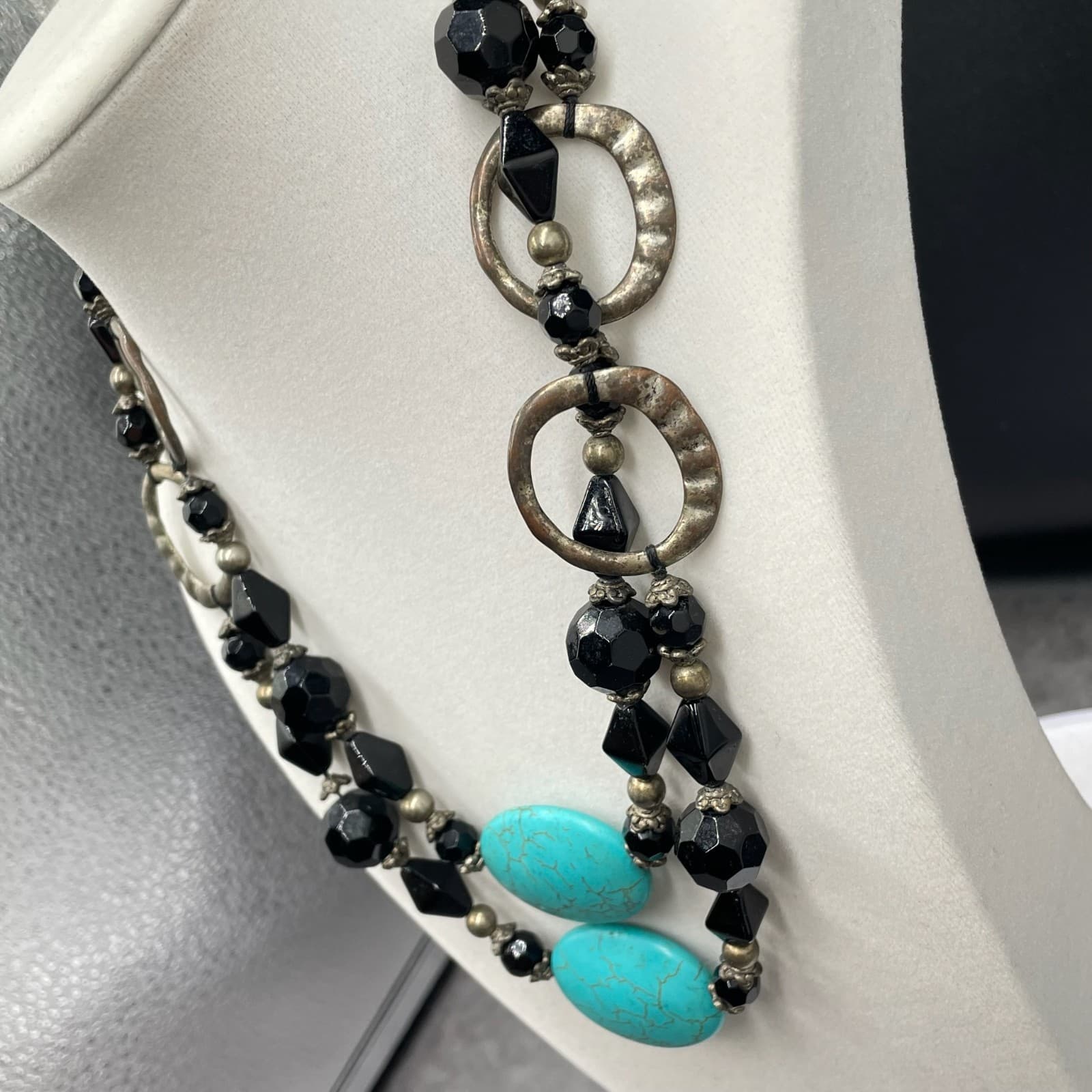 Vintage Two-Strand Turquoise Stone Black Silver-Tone Beaded Necklace - Size 20" - Thumbnail 6