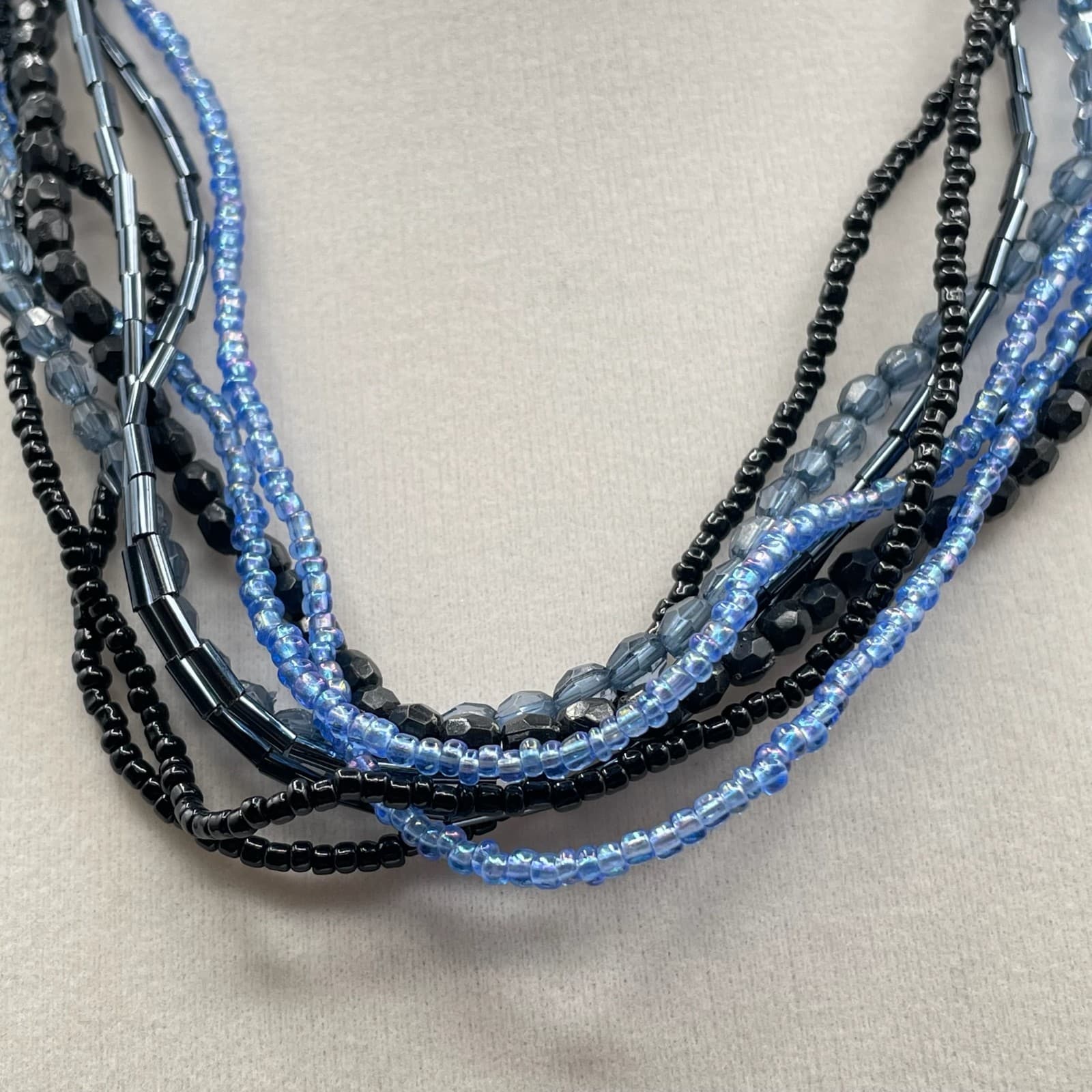 Vintage Womens Blue Black Mixed Glass Beaded Many Standed Layered Necklace - Thumbnail 4