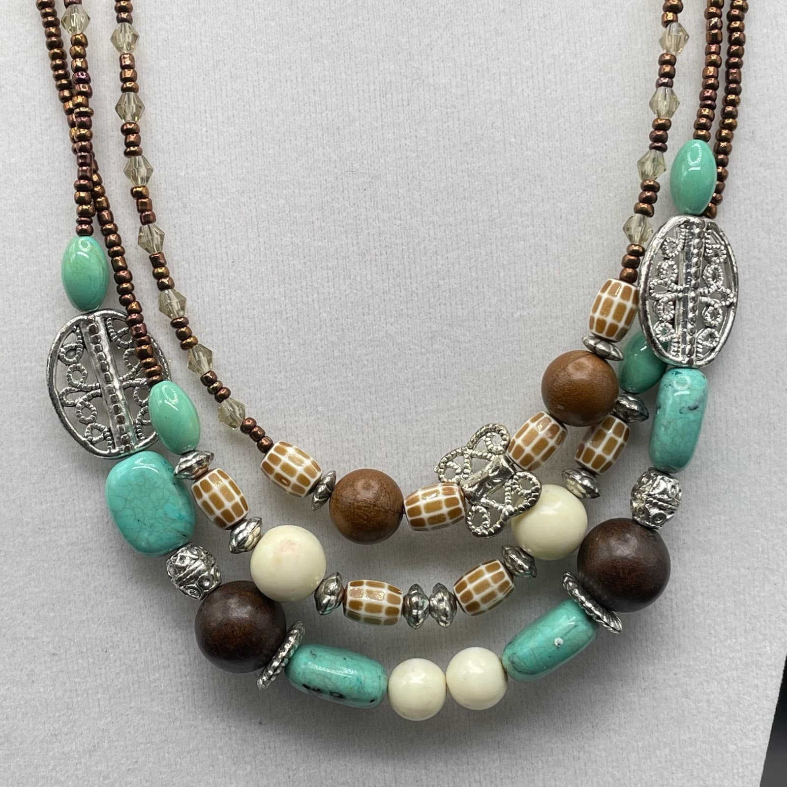 Vintage Bohemian Multicolor Turquoise Multi Layered Wood Beaded Statement - Thumbnail 6