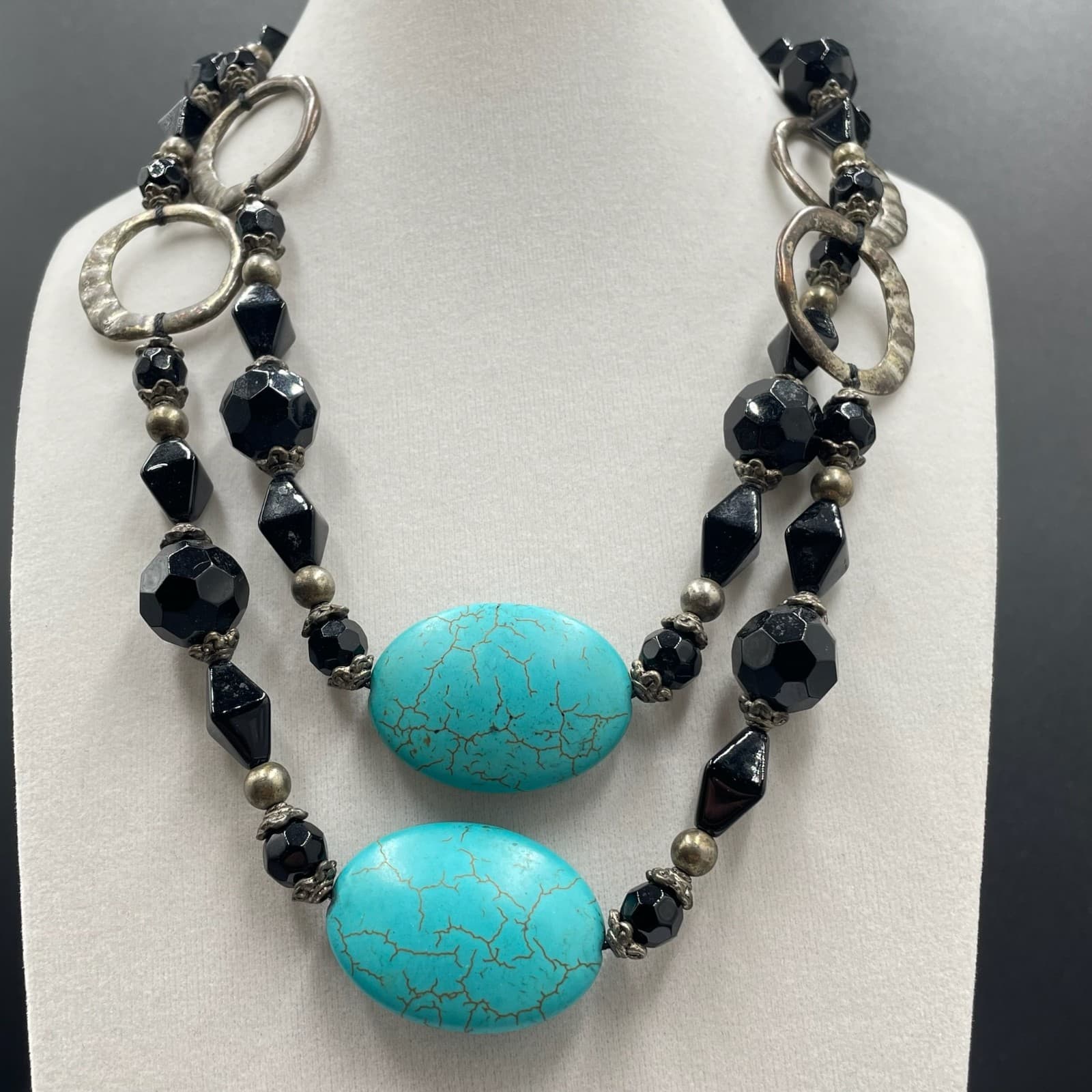 Vintage Two-Strand Turquoise Stone Black Silver-Tone Beaded Necklace - Size 20" - Thumbnail 4