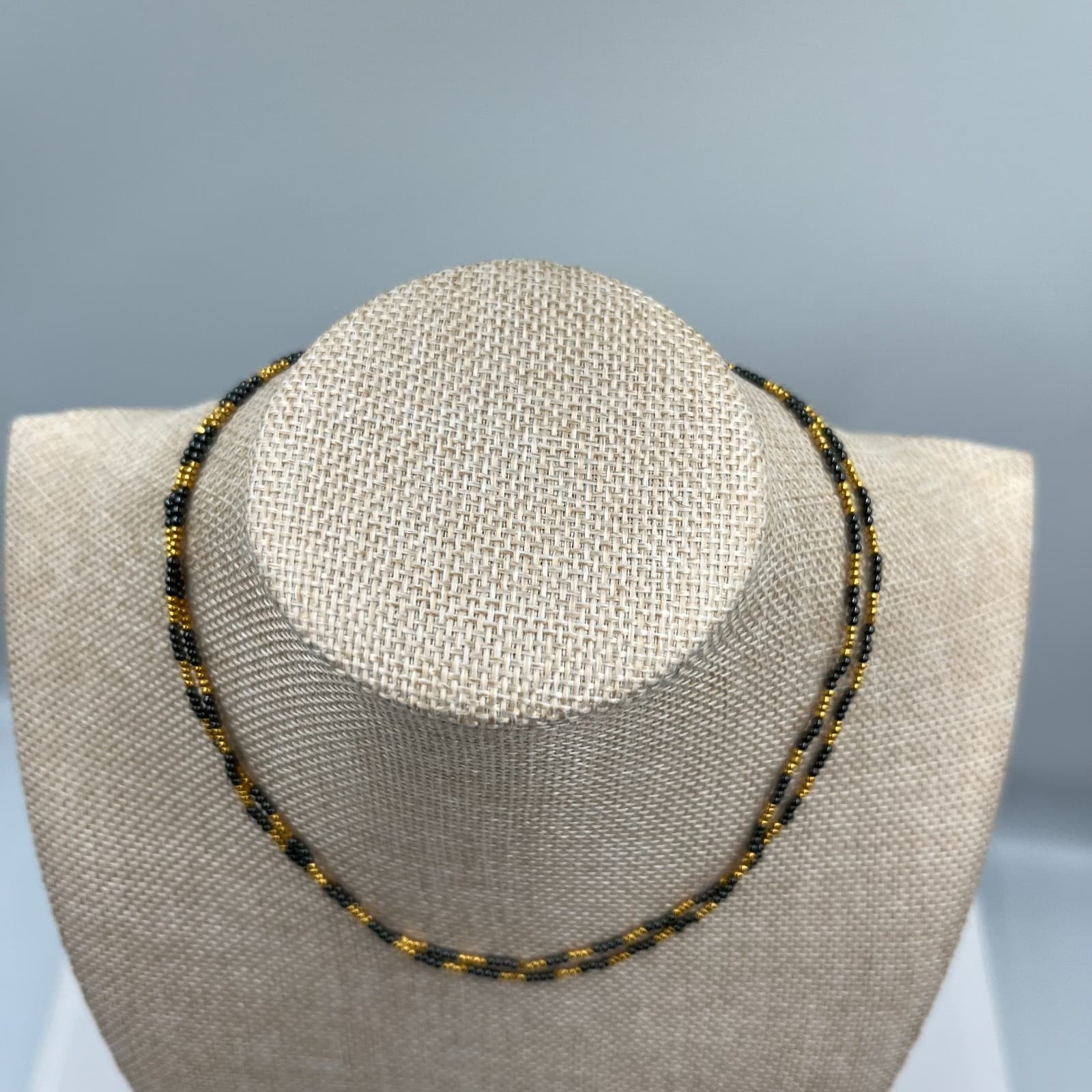 Vintage Black & Gold Seed Bead Necklace Multi Strand Torsade Statement Jewelry - Thumbnail 2