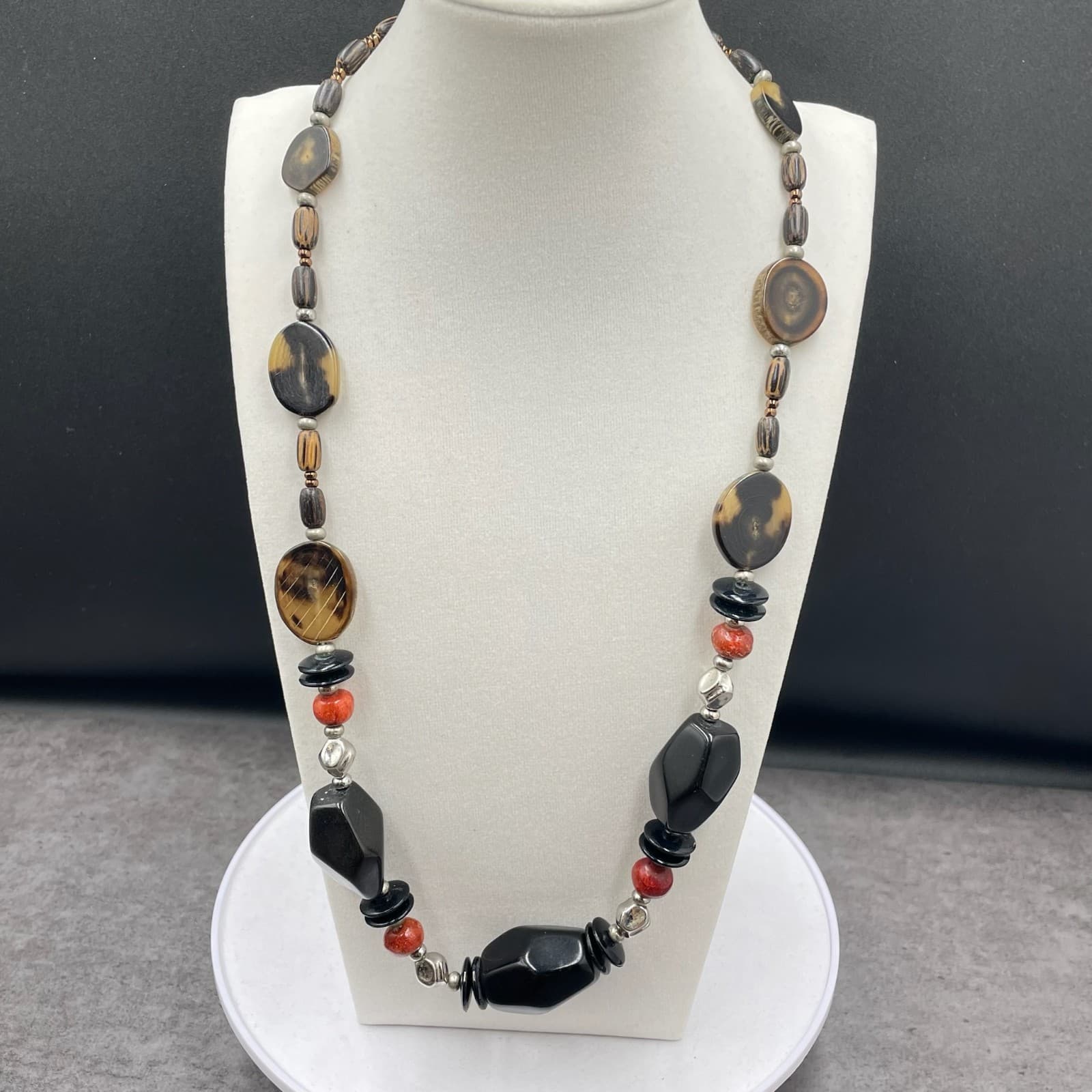 Vintage African Tribal Ethnic Chunky Multicolor Beaded Long Necklace - Size 27" - Image 1