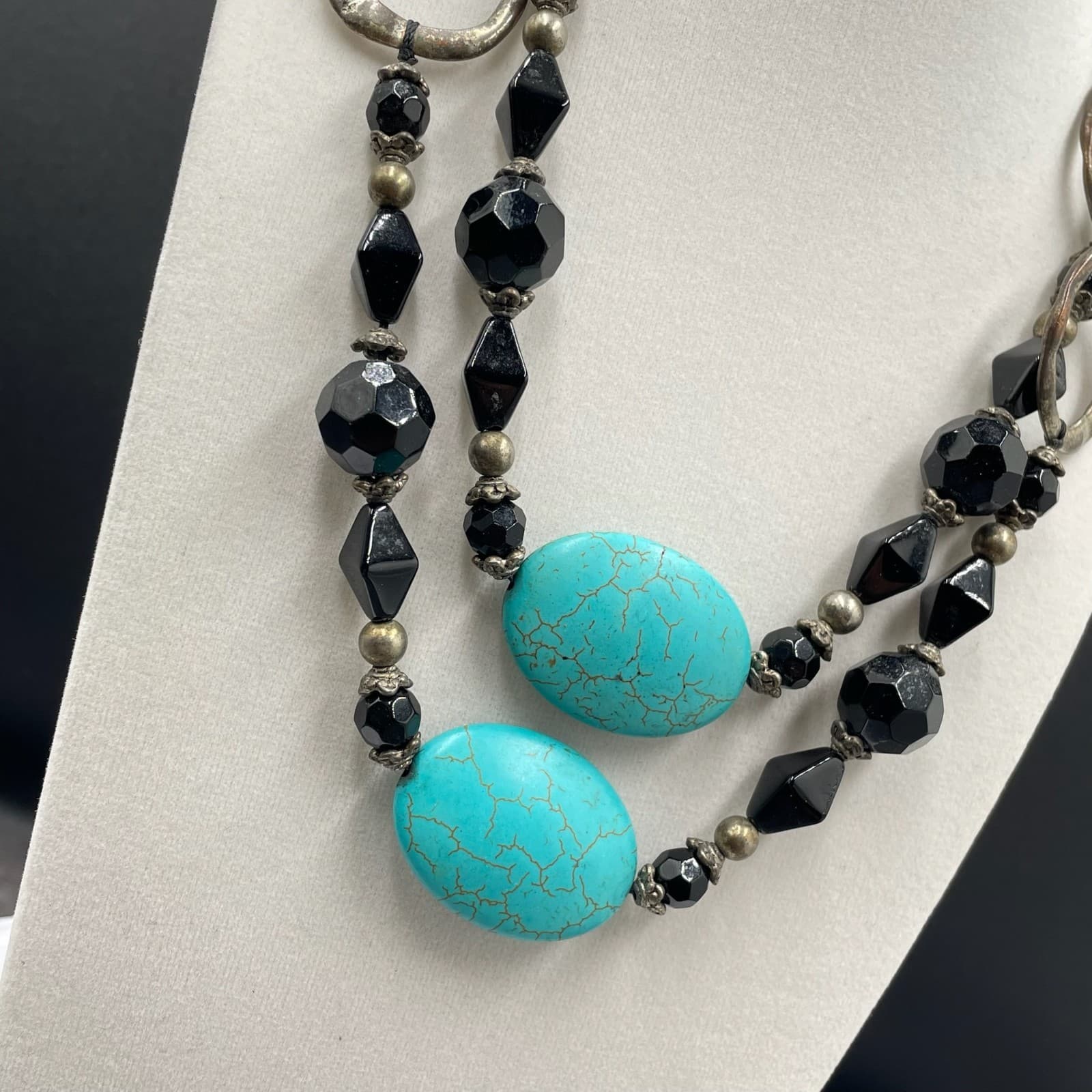 Vintage Two-Strand Turquoise Stone Black Silver-Tone Beaded Necklace - Size 20" - Thumbnail 3