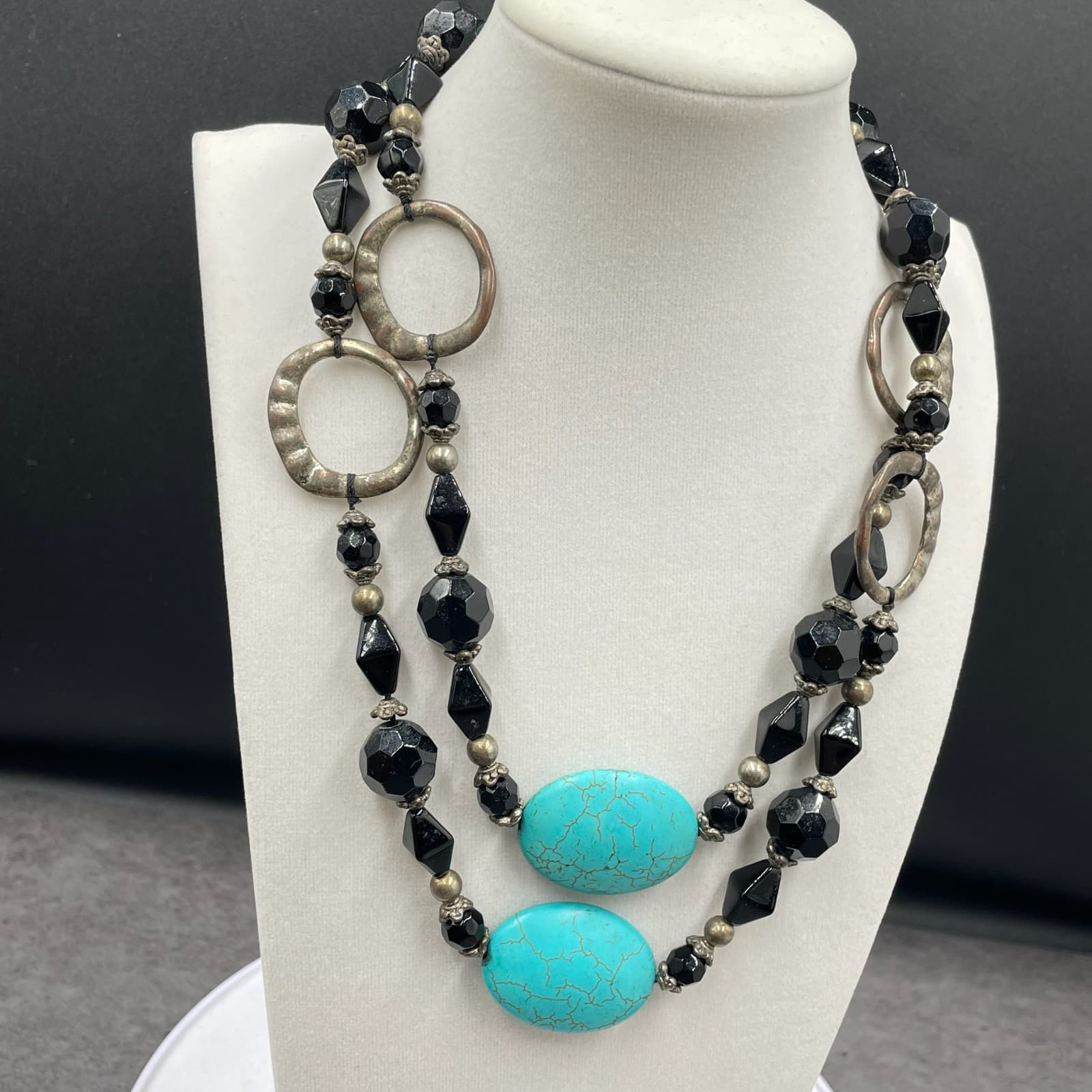 Vintage Two-Strand Turquoise Stone Black Silver-Tone Beaded Necklace - Size 20" - Thumbnail 2