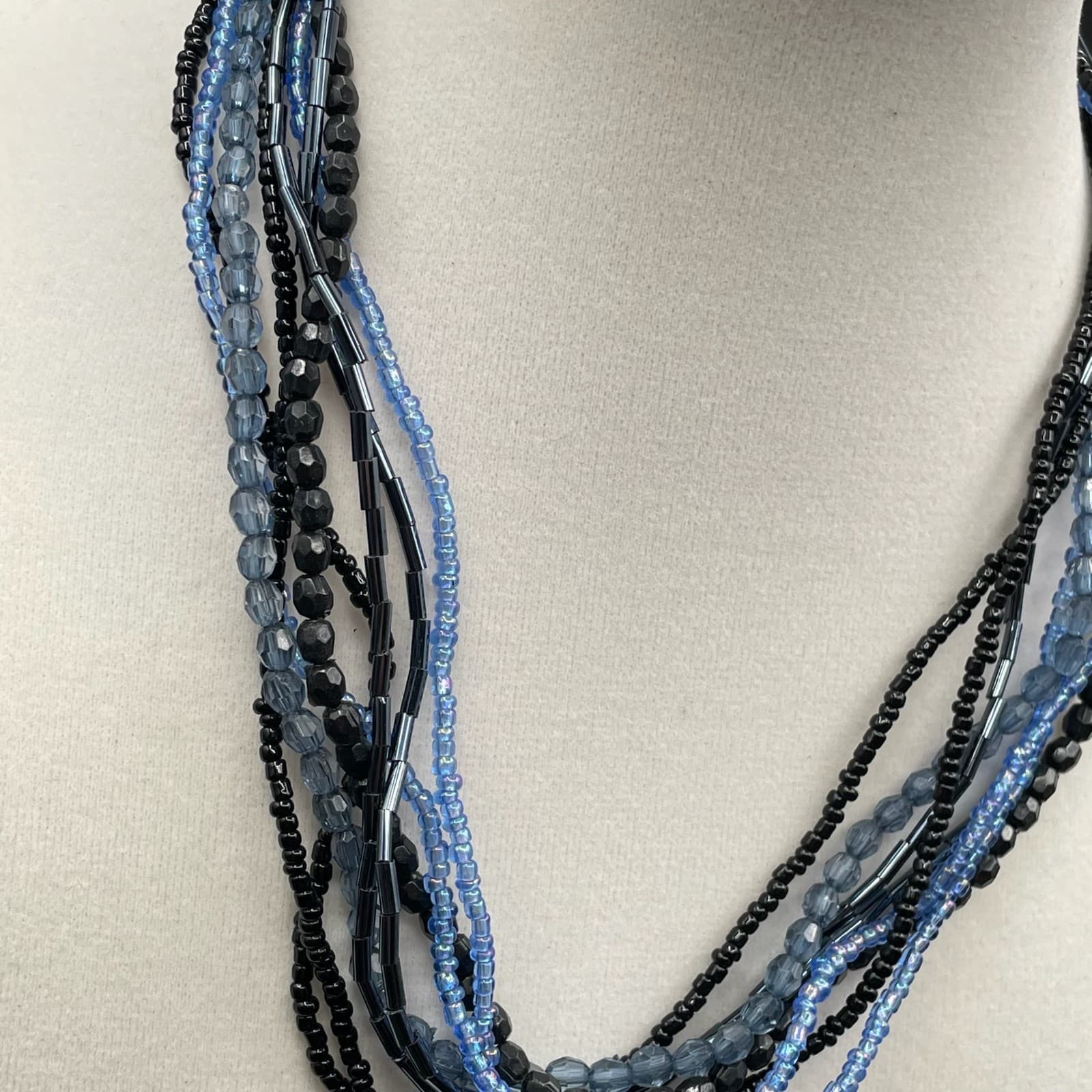 Vintage Womens Blue Black Mixed Glass Beaded Many Standed Layered Necklace - Thumbnail 2