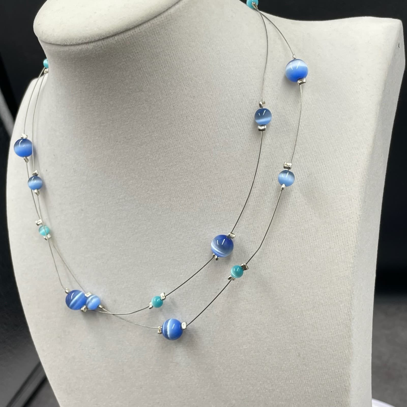 Vintage Contemporary Silver-Tone Lobster Cat's Eye Glass Double Stranded Beaded - Thumbnail 5