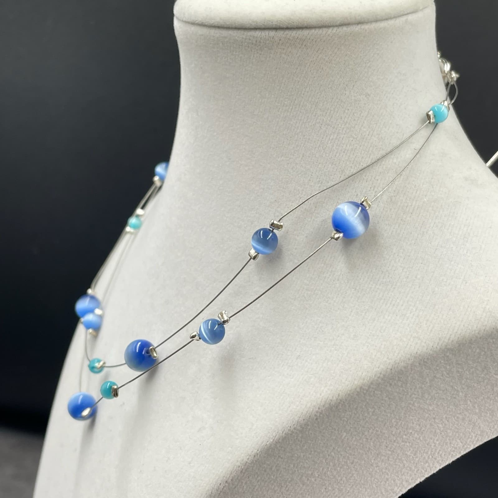 Vintage Contemporary Silver-Tone Lobster Cat's Eye Glass Double Stranded Beaded - Thumbnail 7