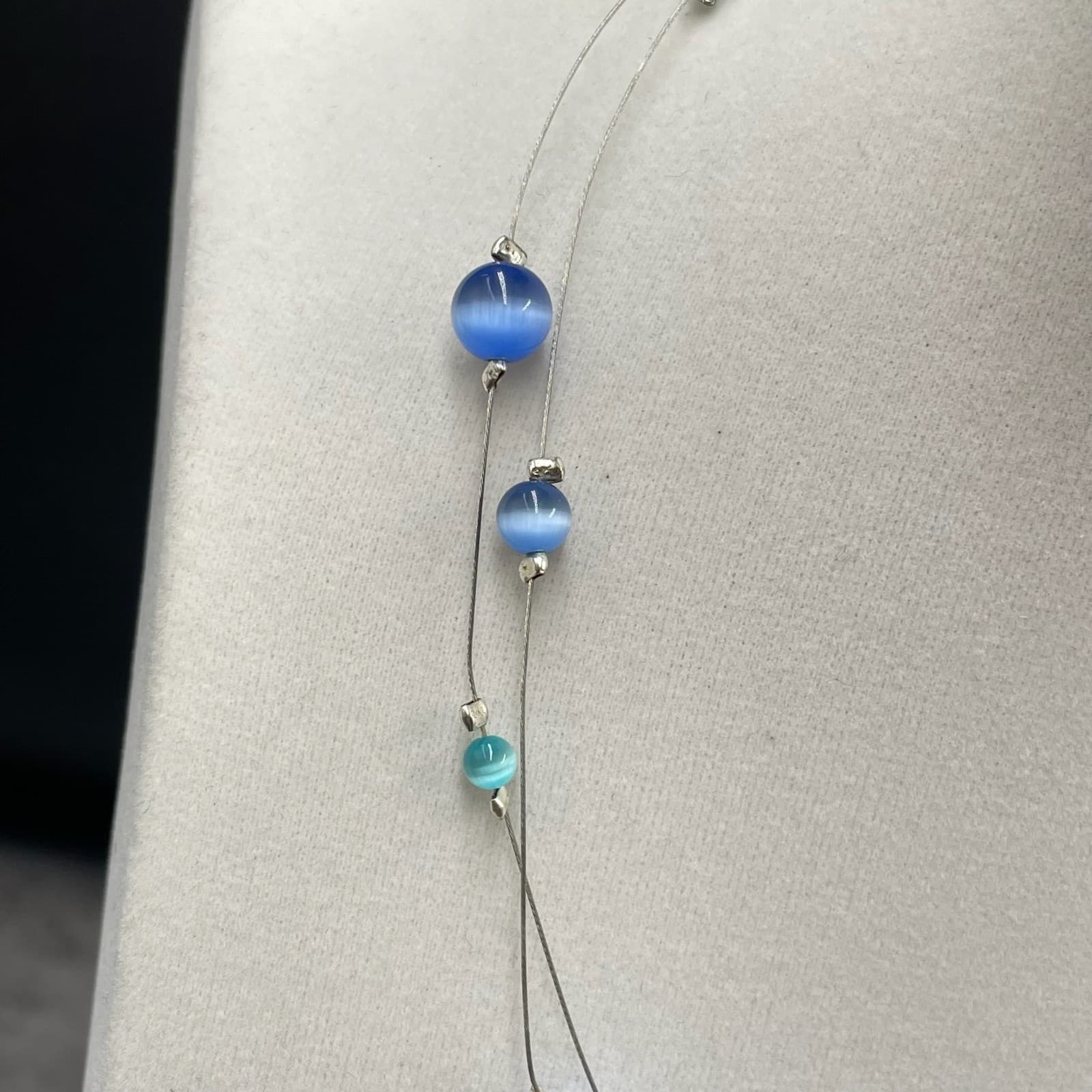 Vintage Contemporary Silver-Tone Lobster Cat's Eye Glass Double Stranded Beaded - Thumbnail 3