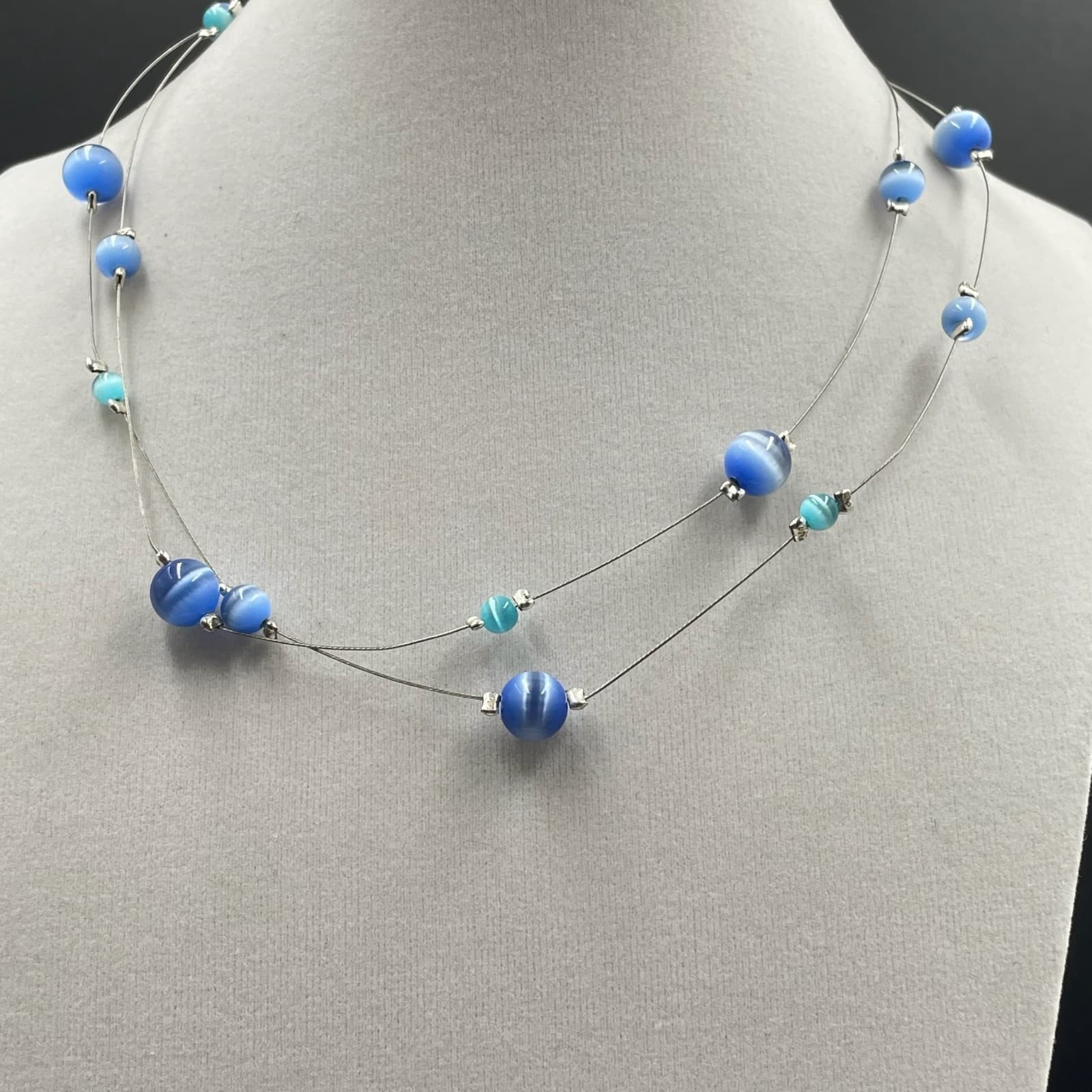 Vintage Contemporary Silver-Tone Lobster Cat's Eye Glass Double Stranded Beaded - Thumbnail 4