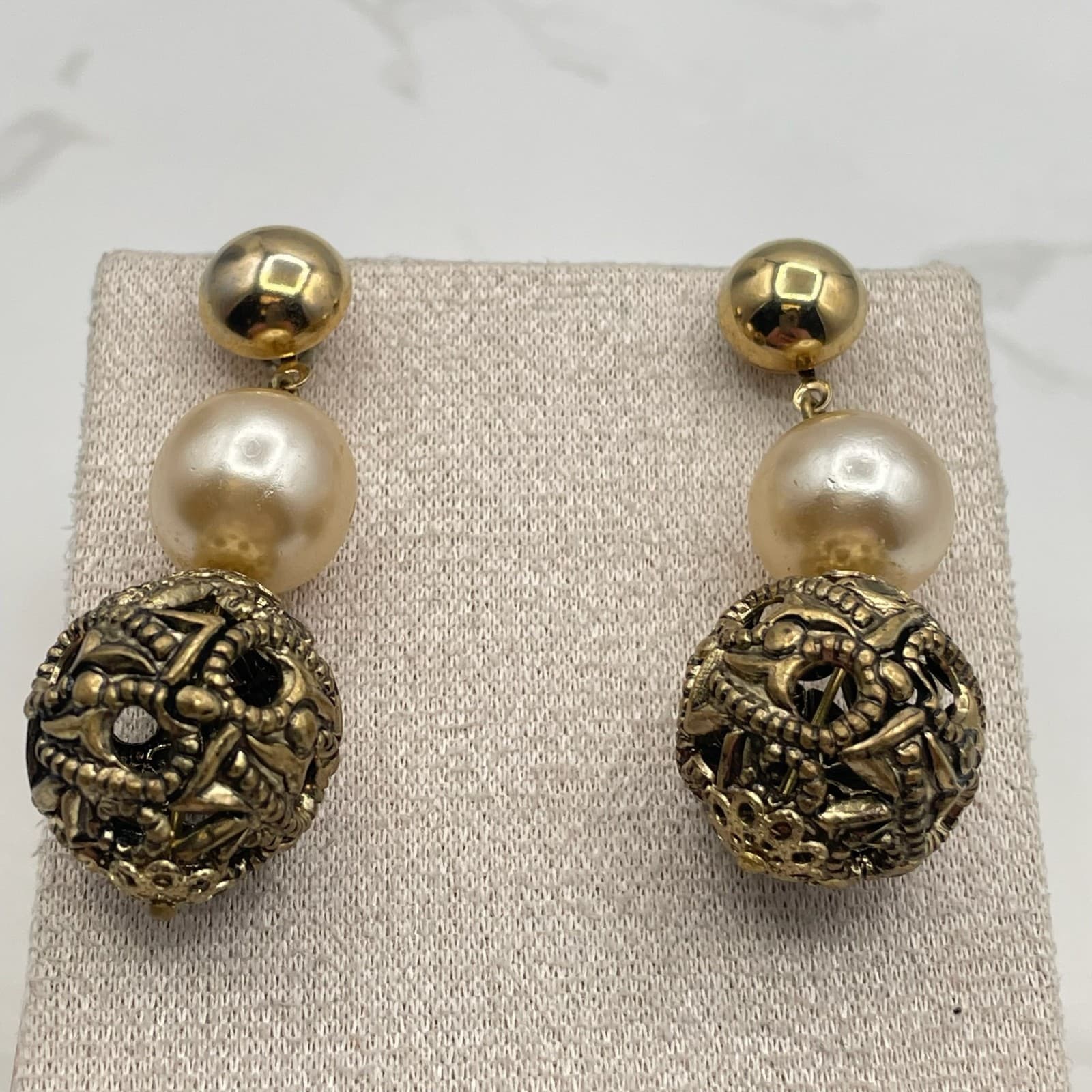 Vintage Faux Pearl Dangle Earrings Ornate Filigree Gold Tone Ball Post Back - Thumbnail 3