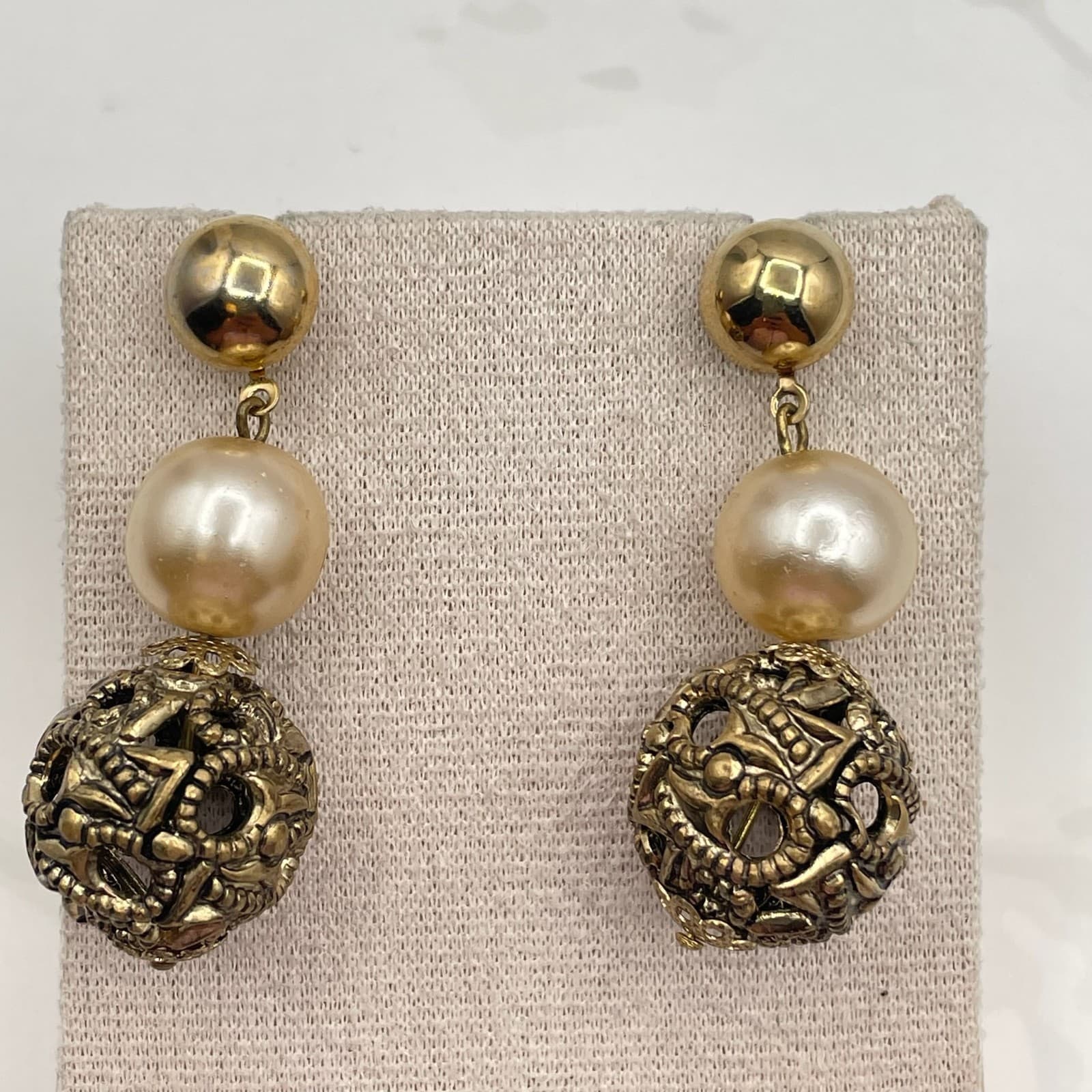 Vintage Faux Pearl Dangle Earrings Ornate Filigree Gold Tone Ball Post Back - Thumbnail 10
