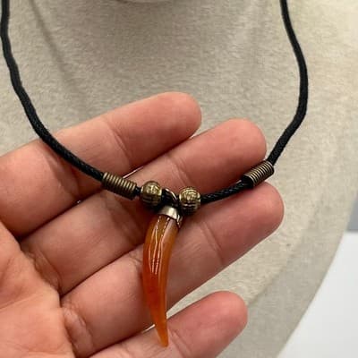 Vintage Black Cord Necklace Faux Horn Orange Tusk Pendant Tribal Statement Charm - Thumbnail 4