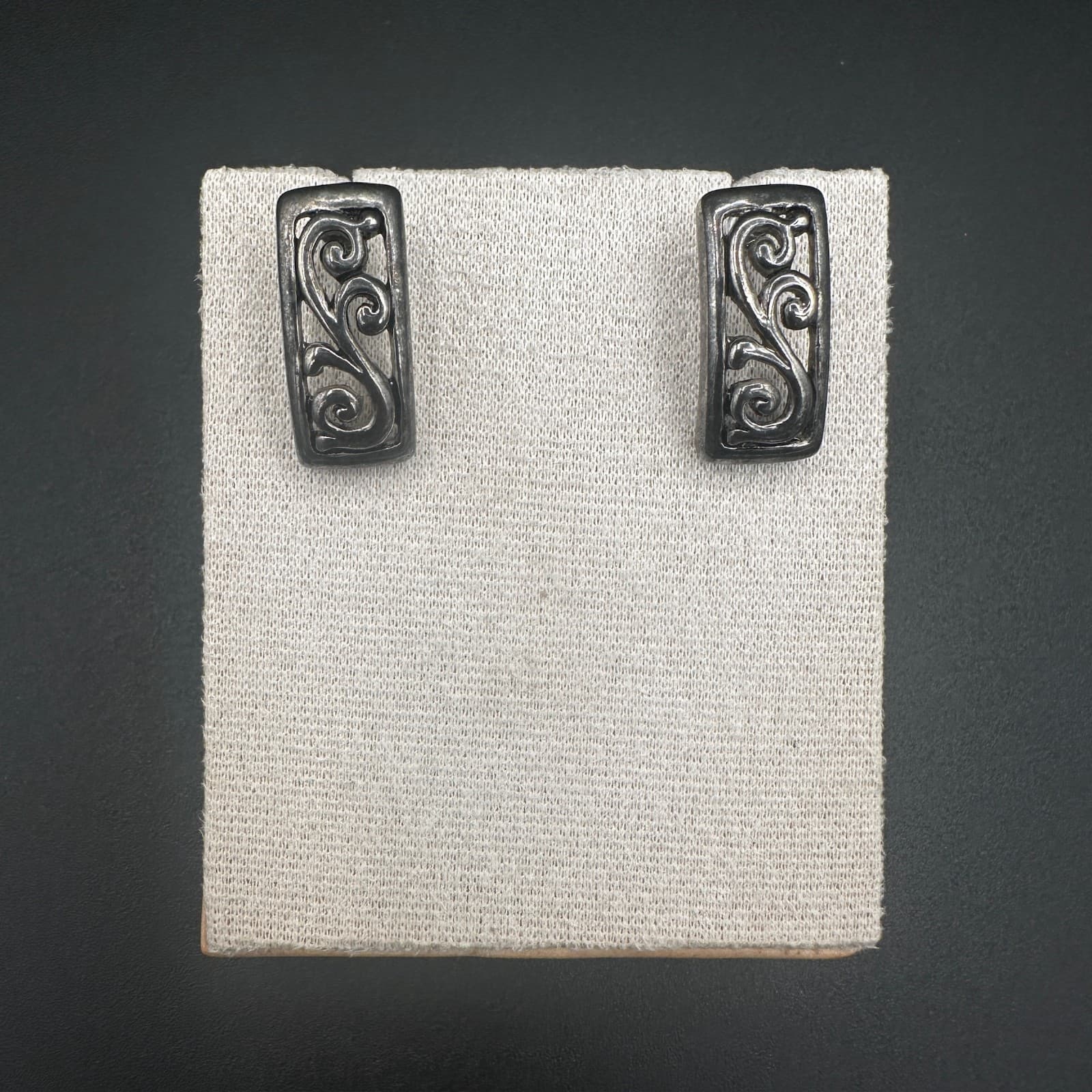 Vintage Silvertone Etched Rectangle Clip-On Earrings – Swirl Design - Image 1