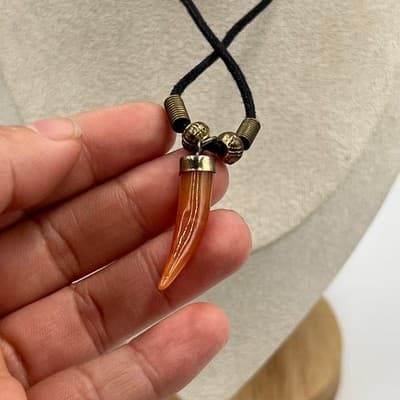 Vintage Black Cord Necklace Faux Horn Orange Tusk Pendant Tribal Statement Charm - Thumbnail 5