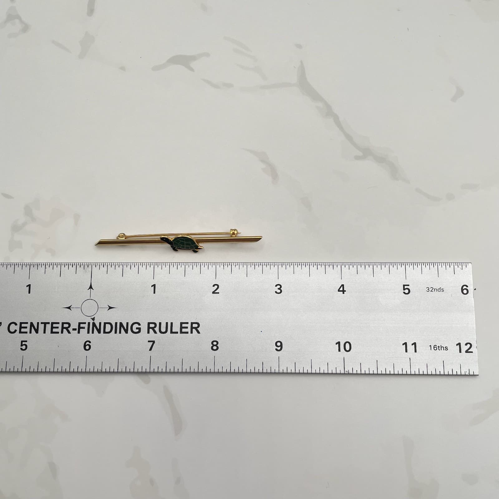 Vintage Gold Tone Bar Brooch Pin Green Black Enamel Turtle Sea Animal Lapel Fine - Thumbnail 3