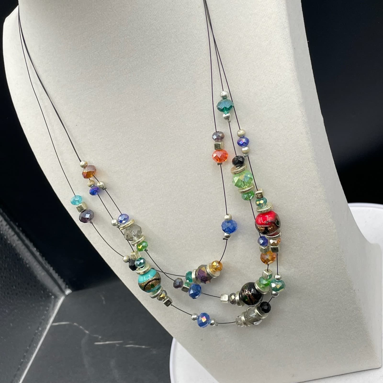 Vintage Womens Multi-Stone Beaded Mixed Glass Statement Standed Layered Necklace - Thumbnail 5